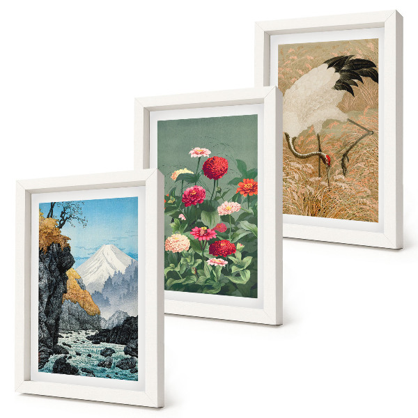 Conjunto de 3 quadros decorativos Montanhas na paisagem, rio, flores e garças na relva.