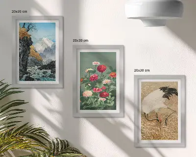 Conjunto de 3 quadros decorativos com paisagem de montanhas, rio, flores e garças na relva