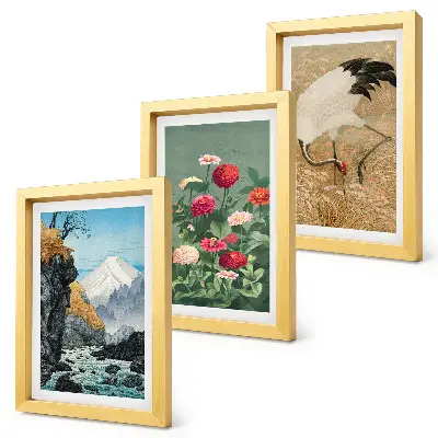 Conjunto de 3 quadros decorativos com paisagem de montanhas, rio, flores e garças na relva