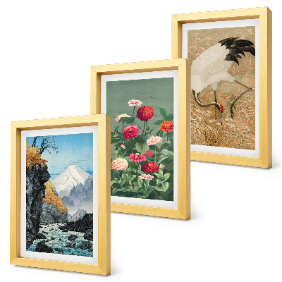 Conjunto de 3 quadros decorativos Montanhas na paisagem, rio, flores e garças na relva.