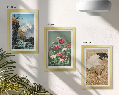 Conjunto de 3 quadros decorativos com paisagem de montanhas, rio, flores e garças na relva
