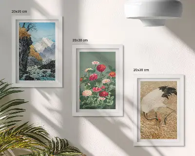 Conjunto de 3 quadros decorativos com paisagem de montanhas, rio, flores e garças na relva
