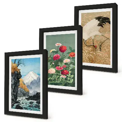 Conjunto de 3 quadros decorativos com paisagem de montanhas, rio, flores e garças na relva