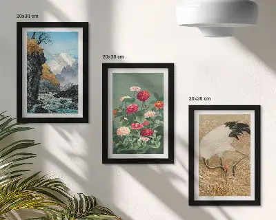 Conjunto de 3 quadros decorativos com paisagem de montanhas, rio, flores e garças na relva