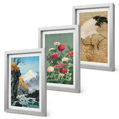 Conjunto de 3 quadros decorativos com paisagem de montanhas, rio, flores e garças na relva