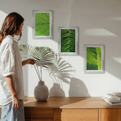Conjunto de quadros com imagens de folhas tropicais em close-up