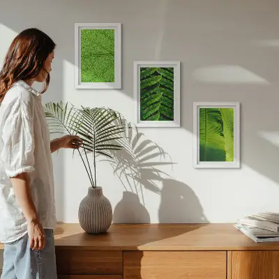 Conjunto de quadros com imagens de folhas tropicais em close-up