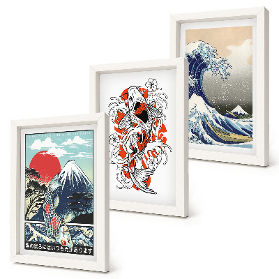 Tríptico com moldura Ilustrações de montanhas de peixes e da Grande Onda de Kanagawa, em estilo japonês.