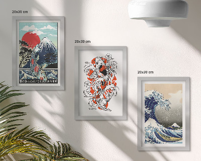 Tríptico com moldura Ilustrações de montanhas de peixes e da Grande Onda de Kanagawa, em estilo japonês.