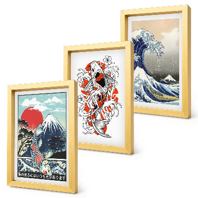 Tríptico com moldura Ilustrações de montanhas de peixes e da Grande Onda de Kanagawa, em estilo japonês.