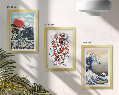 Tríptico com moldura Ilustrações de montanhas de peixes e da Grande Onda de Kanagawa, em estilo japonês.