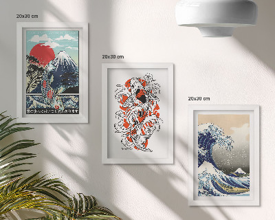 Tríptico com moldura Ilustrações de montanhas de peixes e da Grande Onda de Kanagawa, em estilo japonês.