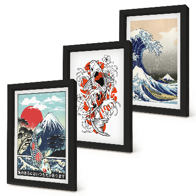 Tríptico com moldura Ilustrações de montanhas de peixes e da Grande Onda de Kanagawa, em estilo japonês.