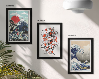 Tríptico com moldura Ilustrações de montanhas de peixes e da Grande Onda de Kanagawa, em estilo japonês.