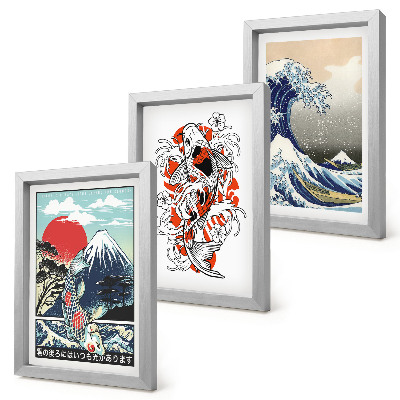Tríptico com moldura Ilustrações de montanhas de peixes e da Grande Onda de Kanagawa, em estilo japonês.