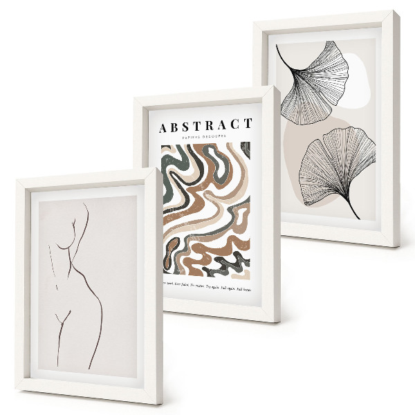 Conjunto de 3 quadros decorativos Pôster abstrato com formas femininas e folhas em estilo boho.