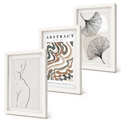 Conjunto de 3 quadros decorativos Pôster abstrato com formas femininas e folhas em estilo boho.