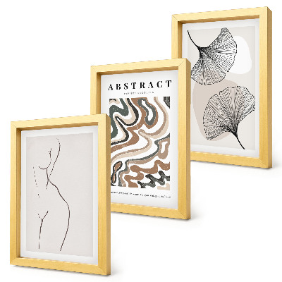 Conjunto de 3 quadros decorativos Pôster abstrato com formas femininas e folhas em estilo boho.