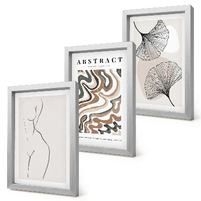 Conjunto de 3 quadros decorativos Pôster abstrato com formas femininas e folhas em estilo boho.