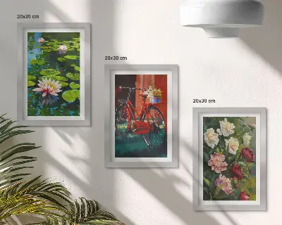 Tríptico com moldura lírios na água, bicicleta no jardim e flores coloridas