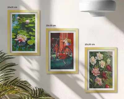 Tríptico com moldura lírios na água, bicicleta no jardim e flores coloridas