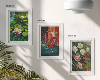 Tríptico com moldura lírios na água, bicicleta no jardim e flores coloridas