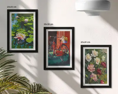 Tríptico com moldura lírios na água, bicicleta no jardim e flores coloridas