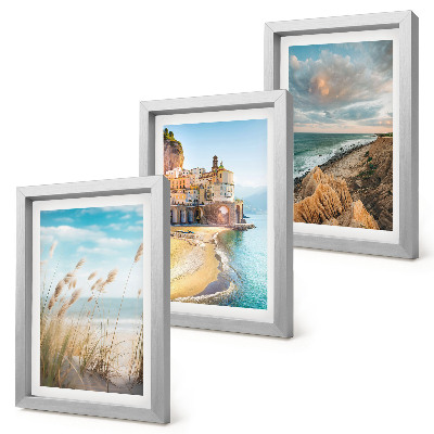 Conjunto de 3 quadros decorativos Paisagens litorâneas com praia, cidade e falésias.