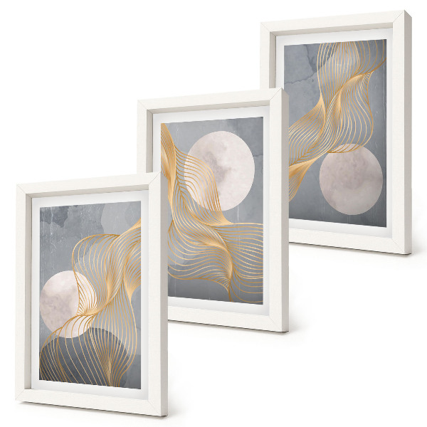 Conjunto de molduras com imagens Padrões abstratos com ondas e círculos sobre um fundo cinza.