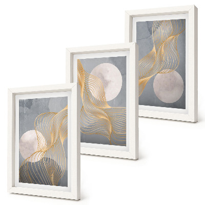 Conjunto de molduras com imagens Padrões abstratos com ondas e círculos sobre um fundo cinza.