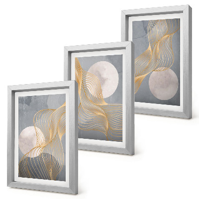 Conjunto de molduras com imagens Padrões abstratos com ondas e círculos sobre um fundo cinza.