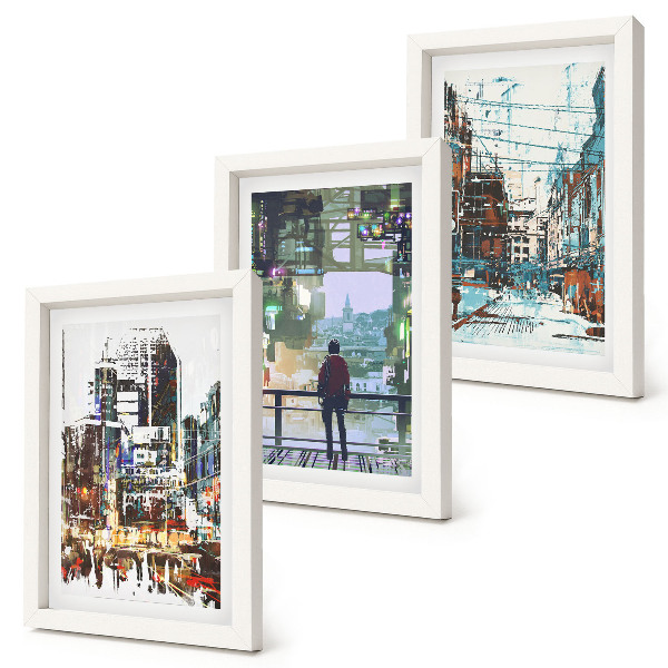 Conjunto de 3 quadros decorativos Cidades modernas em cores com uma figura ao fundo.