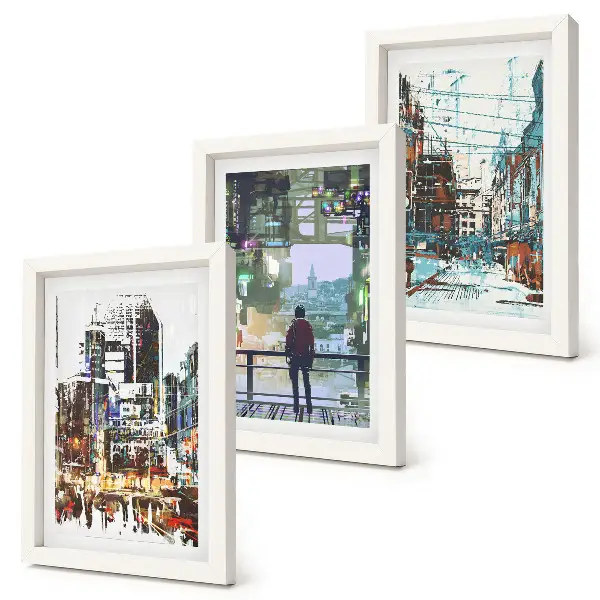 Conjunto de 3 quadros decorativos com cidades modernas em cores e uma figura ao fundo