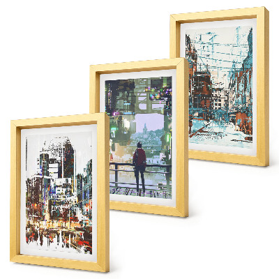 Conjunto de 3 quadros decorativos Cidades modernas em cores com uma figura ao fundo.