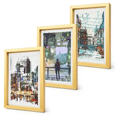 Conjunto de 3 quadros decorativos com cidades modernas em cores e uma figura ao fundo