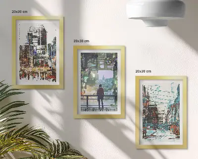 Conjunto de 3 quadros decorativos com cidades modernas em cores e uma figura ao fundo