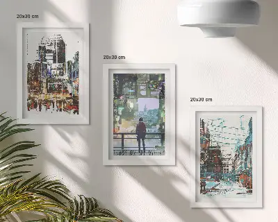 Conjunto de 3 quadros decorativos com cidades modernas em cores e uma figura ao fundo