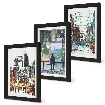 Conjunto de 3 quadros decorativos com cidades modernas em cores e uma figura ao fundo