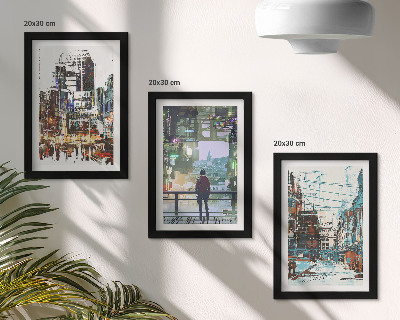 Conjunto de 3 quadros decorativos Cidades modernas em cores com uma figura ao fundo.