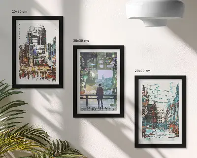 Conjunto de 3 quadros decorativos com cidades modernas em cores e uma figura ao fundo