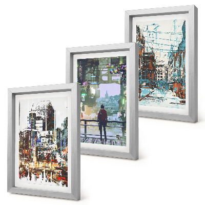 Conjunto de 3 quadros decorativos Cidades modernas em cores com uma figura ao fundo.