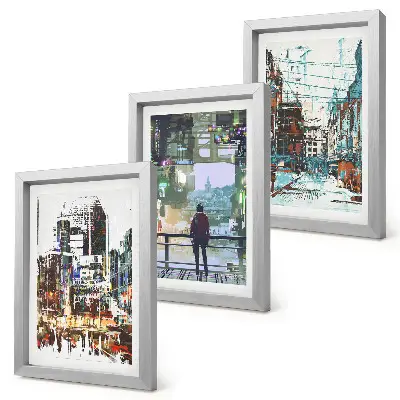 Conjunto de 3 quadros decorativos com cidades modernas em cores e uma figura ao fundo