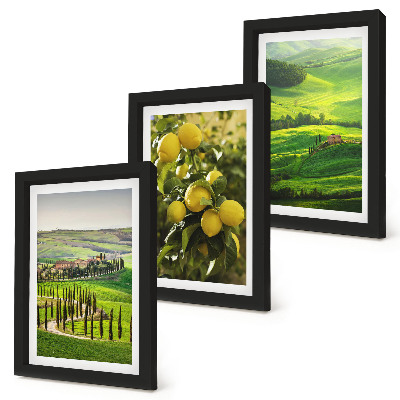 Conjunto de molduras com imagens Paisagens italianas com laranjeiras e colinas verdejantes.