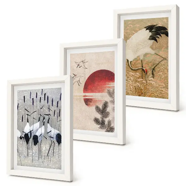 Conjunto de 3 quadros decorativos com ilustrações de garças japonesas em estilo japandi