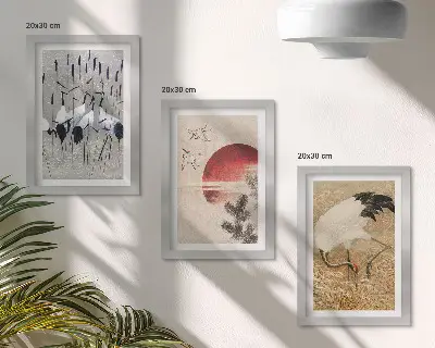 Conjunto de 3 quadros decorativos com ilustrações de garças japonesas em estilo japandi