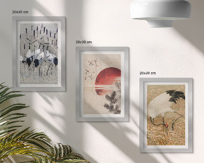 Conjunto de 3 quadros decorativos Ilustrações de garças japonesas em paisagens japandi