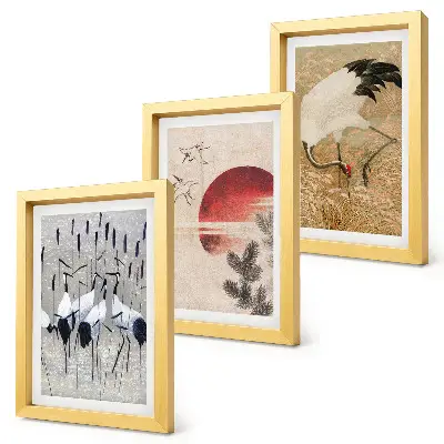 Conjunto de 3 quadros decorativos com ilustrações de garças japonesas em estilo japandi