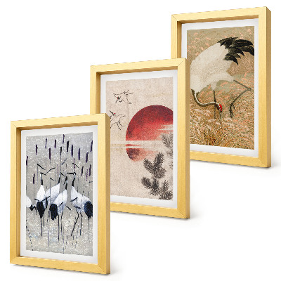 Conjunto de 3 quadros decorativos Ilustrações de garças japonesas em paisagens japandi