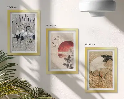Conjunto de 3 quadros decorativos com ilustrações de garças japonesas em estilo japandi