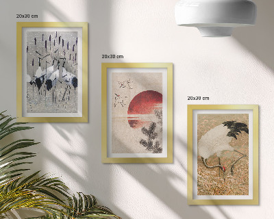 Conjunto de 3 quadros decorativos Ilustrações de garças japonesas em paisagens japandi